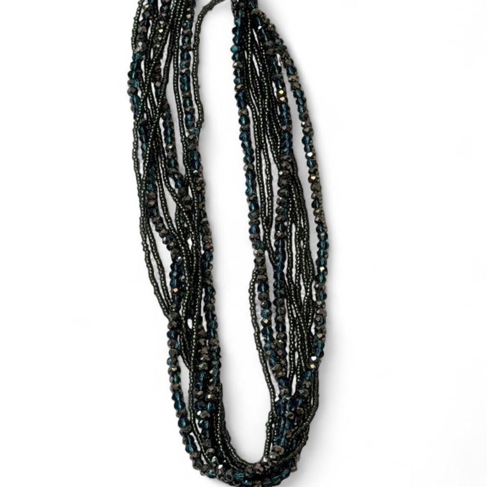 Premier Designs "Seaside" Multi‎ Strand Gunmetal/Blue Iridescent Beaded Necklace